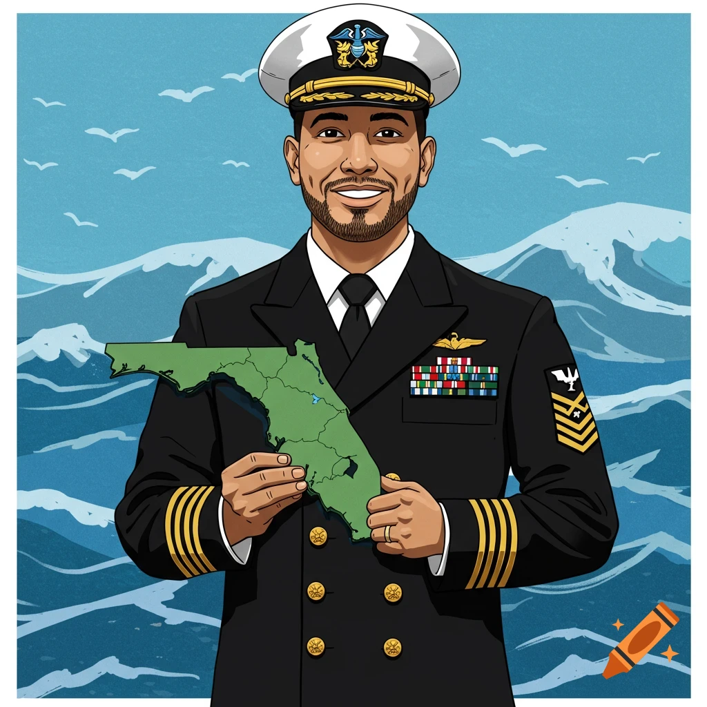 A man in a Navy uniform holding a map of Florida