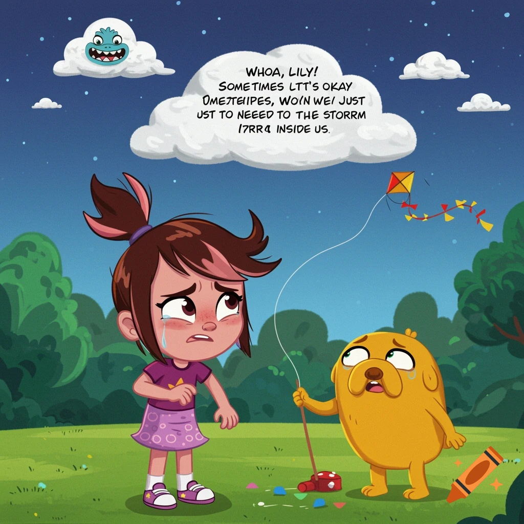 A sad cartoon girl cries next to a sad yellow cartoon dog holding a kite string in a park.
