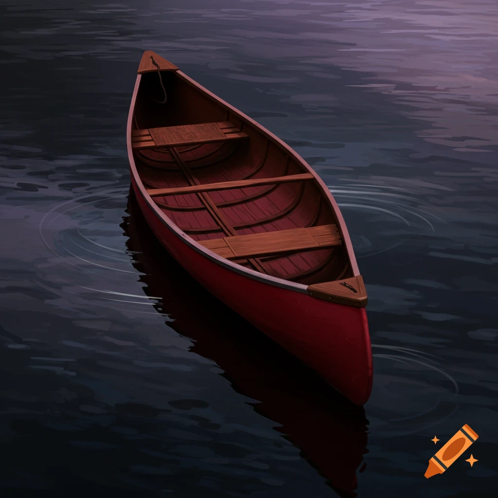 Red canoe floating on dark water.