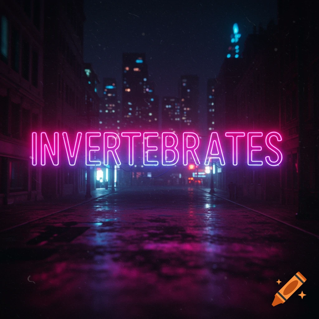 The word 'INVERTEBRATES' in large pink and blue neon letters over a wet city street at night.