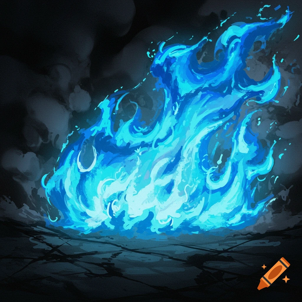 Intense blue flames rising from dark cracked ground with smoke.