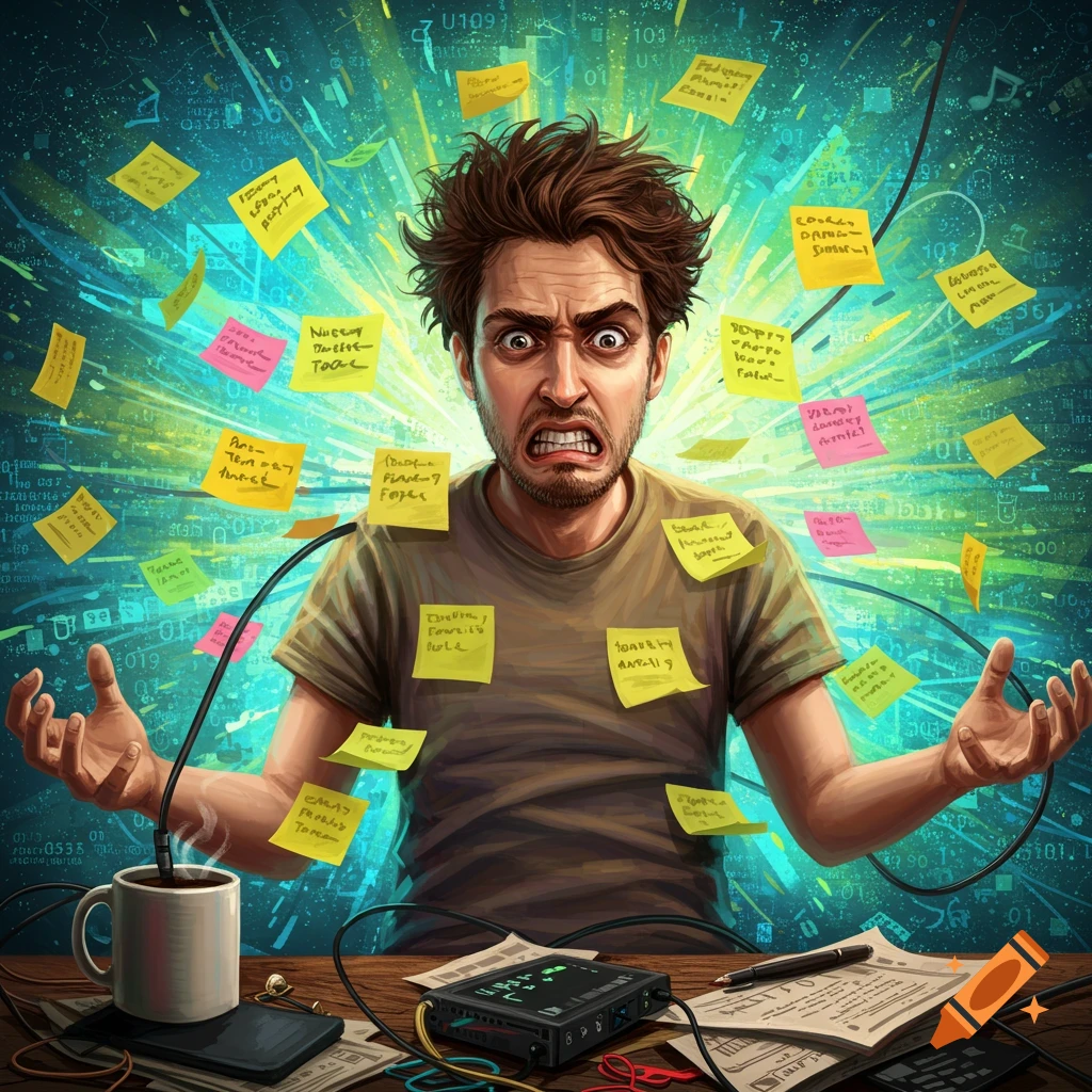 A stressed man sits at a desk, surrounded by flying sticky notes and glowing digital elements.