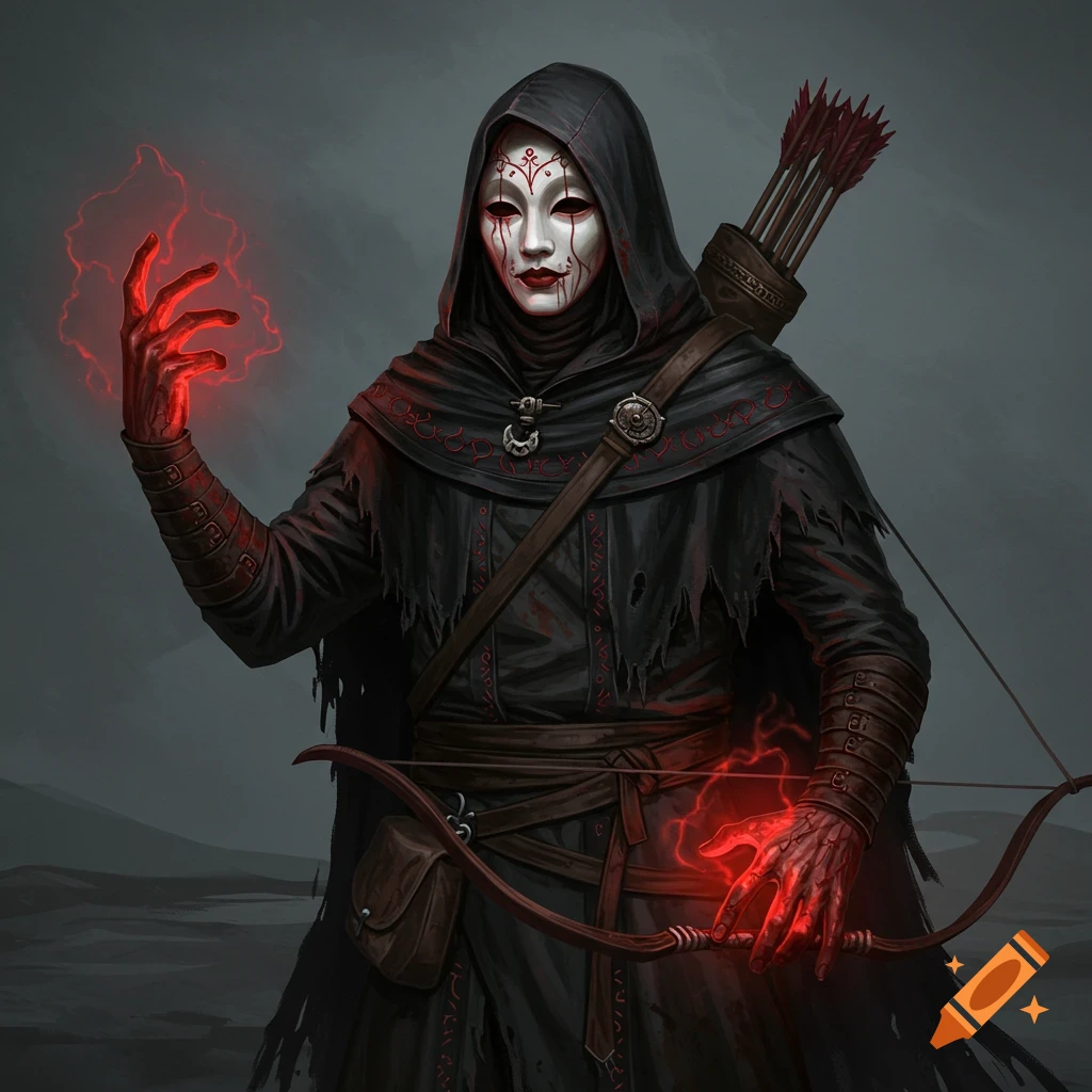 Figure in a mask and tattered cloak with a bow, casting red magic.