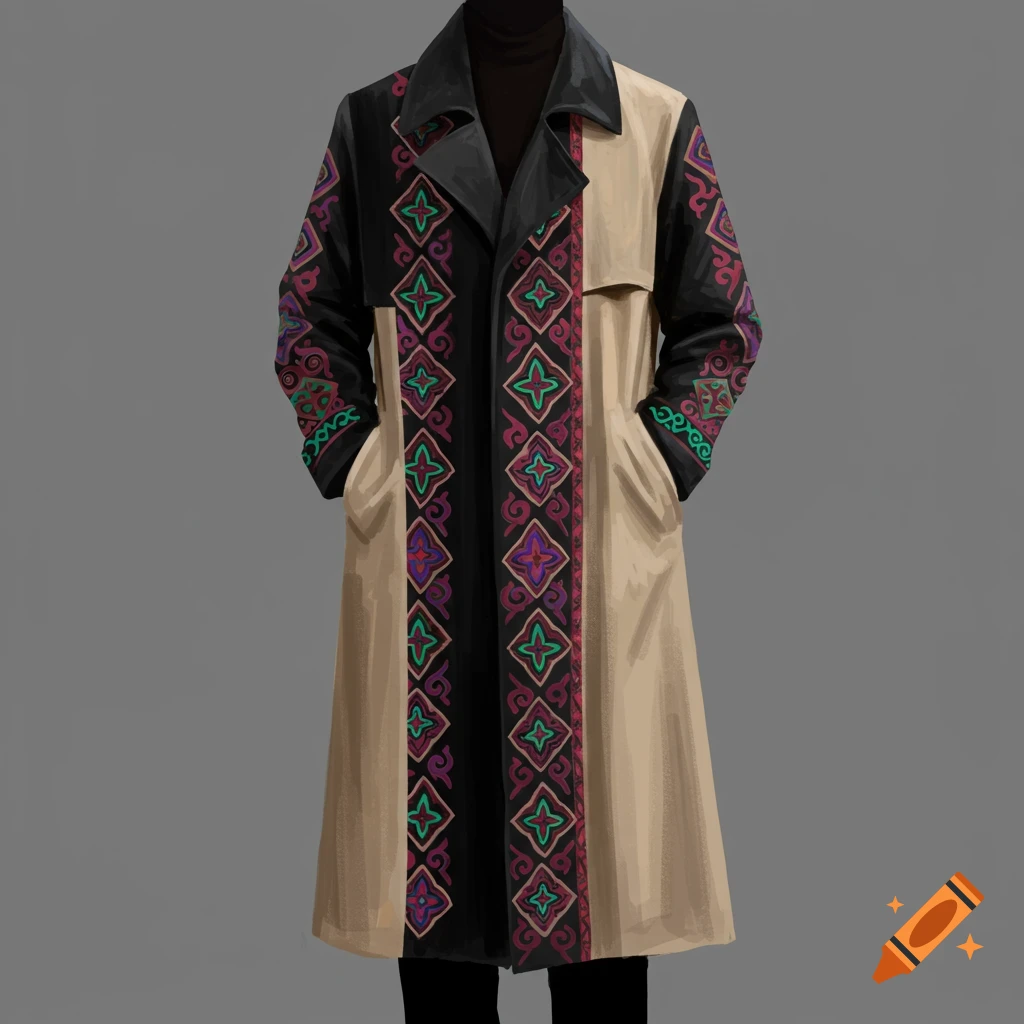A black and beige trench coat with colorful ethnic patterns.