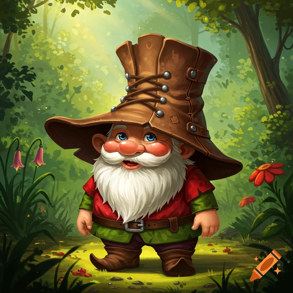 A gnome wearing a boot for a hat in a forest.