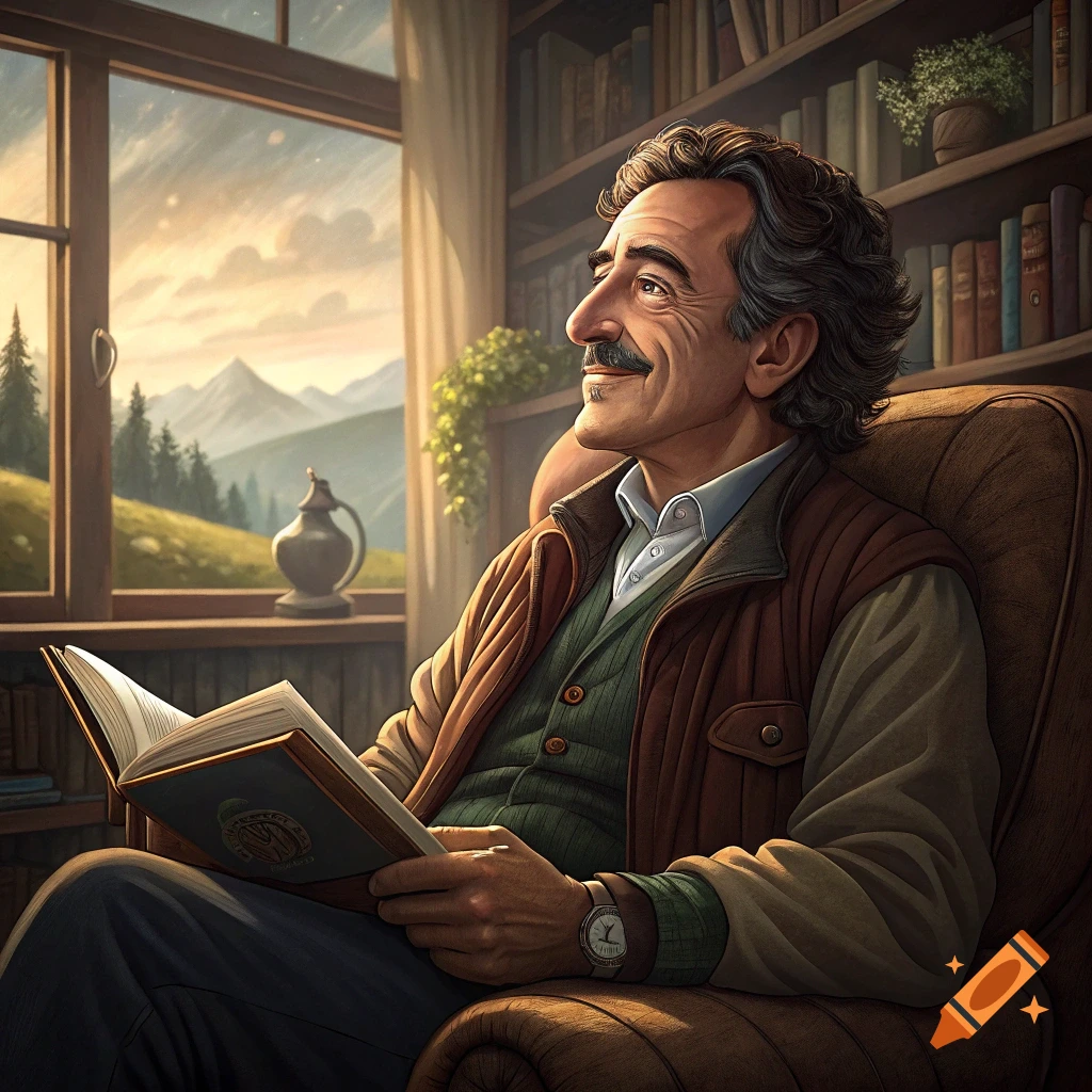 Man in a study reading a book by a window with mountain view, Ghibli style.