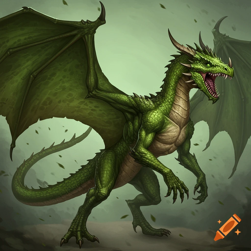 A green dragon with wings.