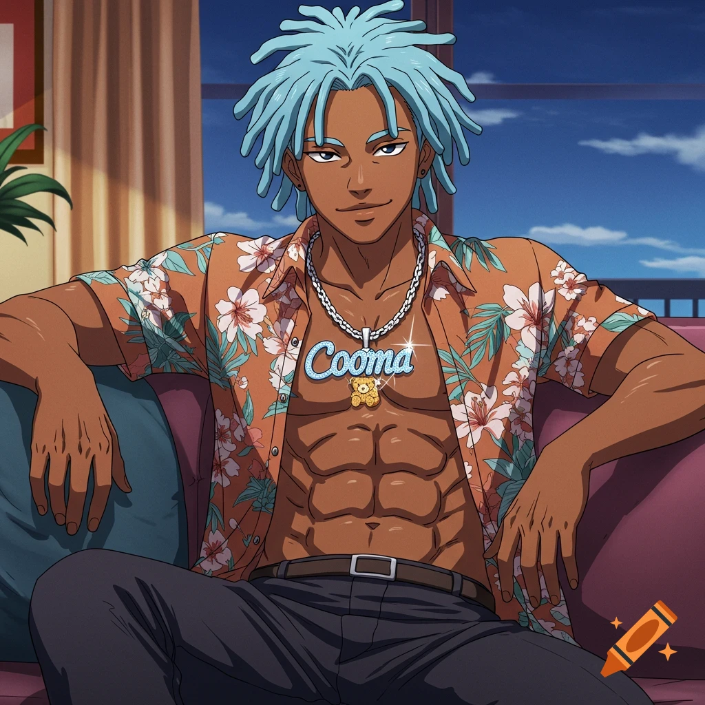 Anime illustration of a man with blue locs and an open floral shirt, sitting on a couch.