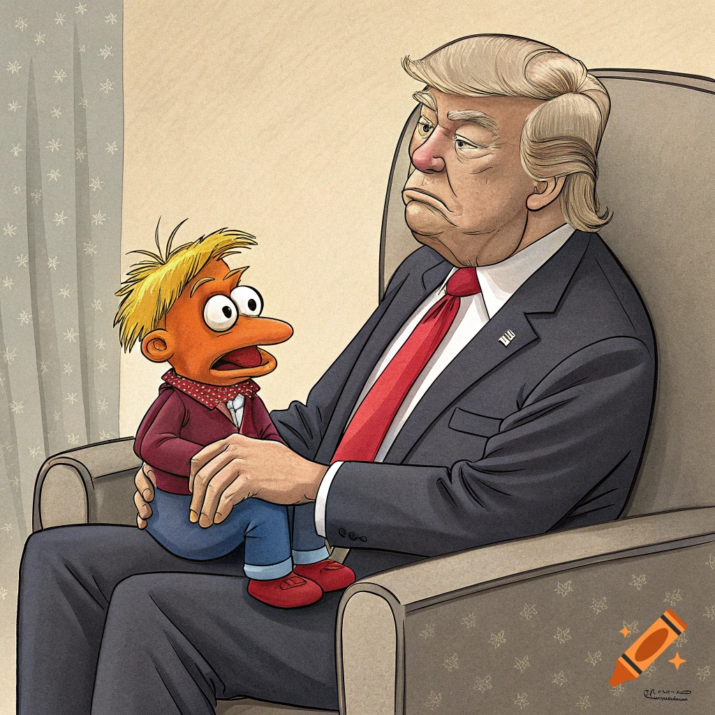 Cartoon of Donald Trump sitting in a chair holding a puppet.