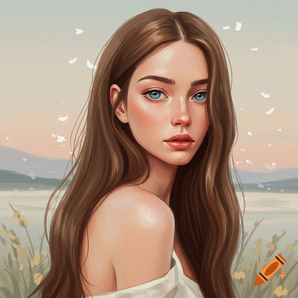 Portrait of a woman with long brown hair and blue eyes in a soft landscape.