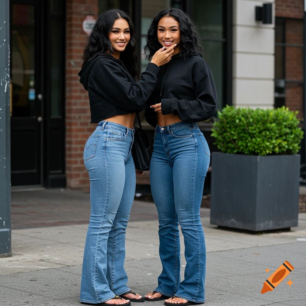 Two women in cropped hoodies and flared jeans stand on a sidewalk