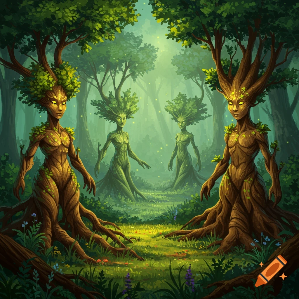 Tree spirits stand in a forest clearing.