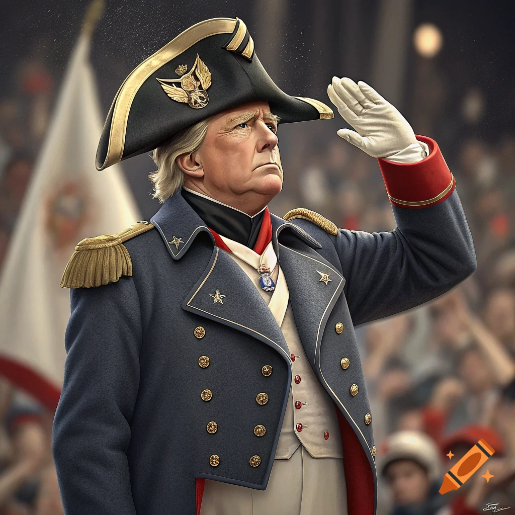 Portrait of Donald Trump in a historical military uniform saluting.