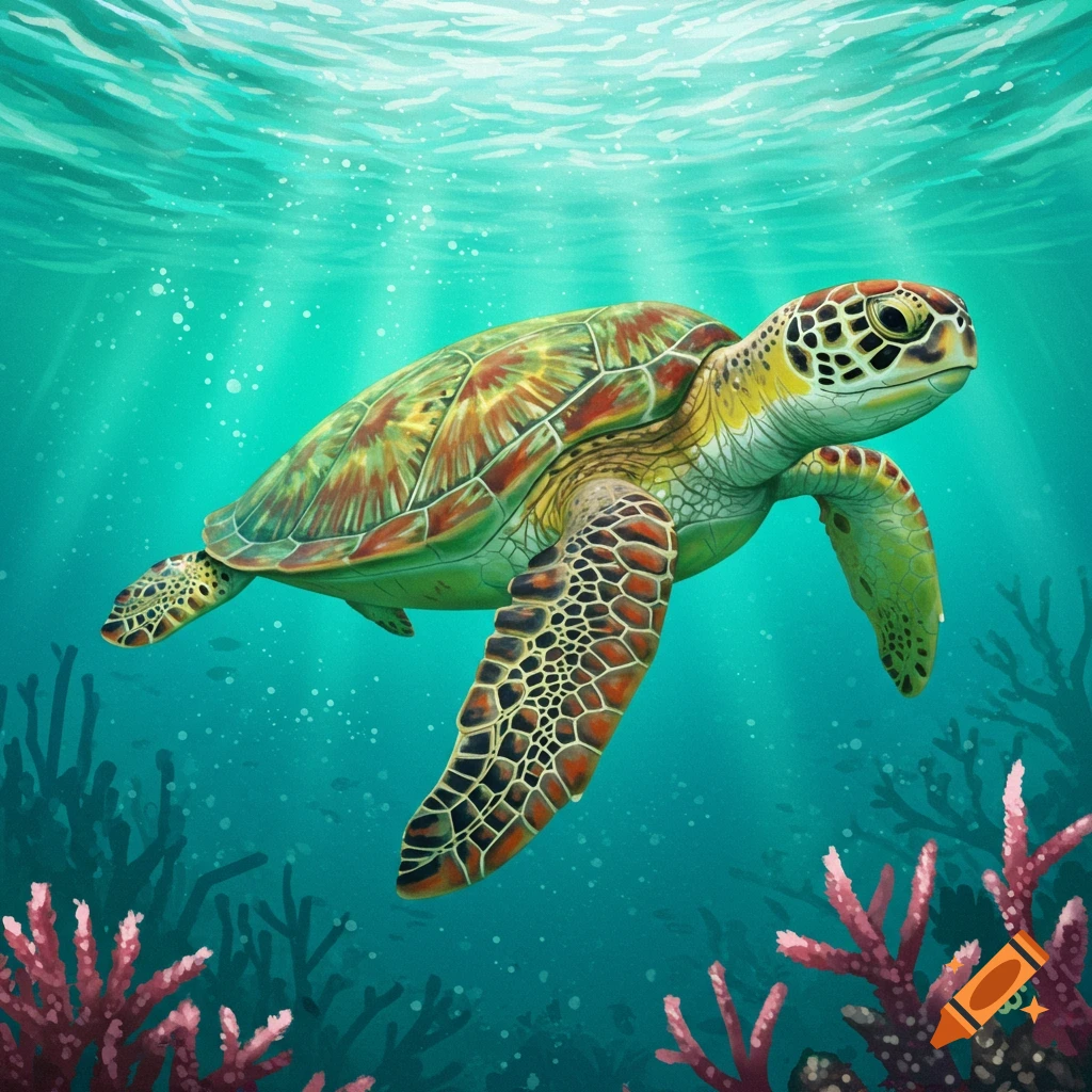 A sea turtle swims above pink coral.