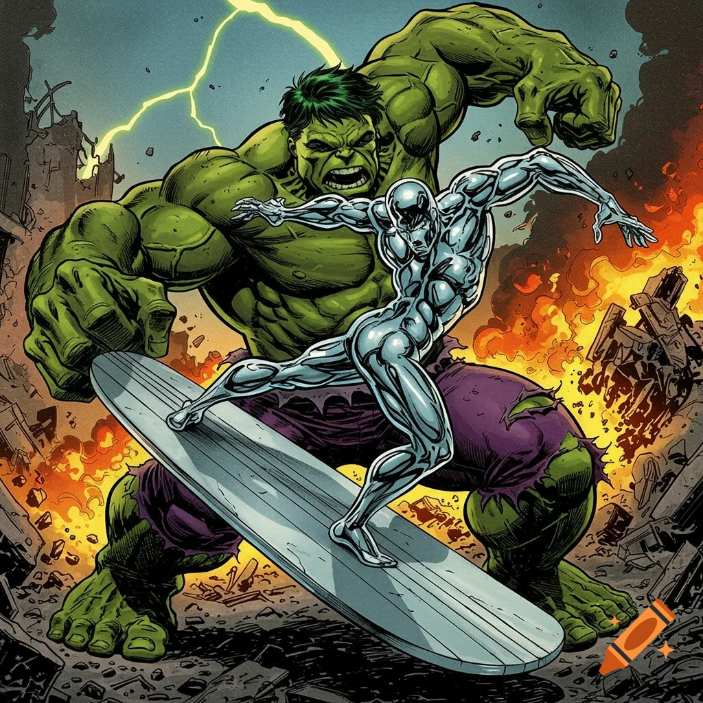 Comic art of Hulk fighting Silver Surfer in a destroyed city.