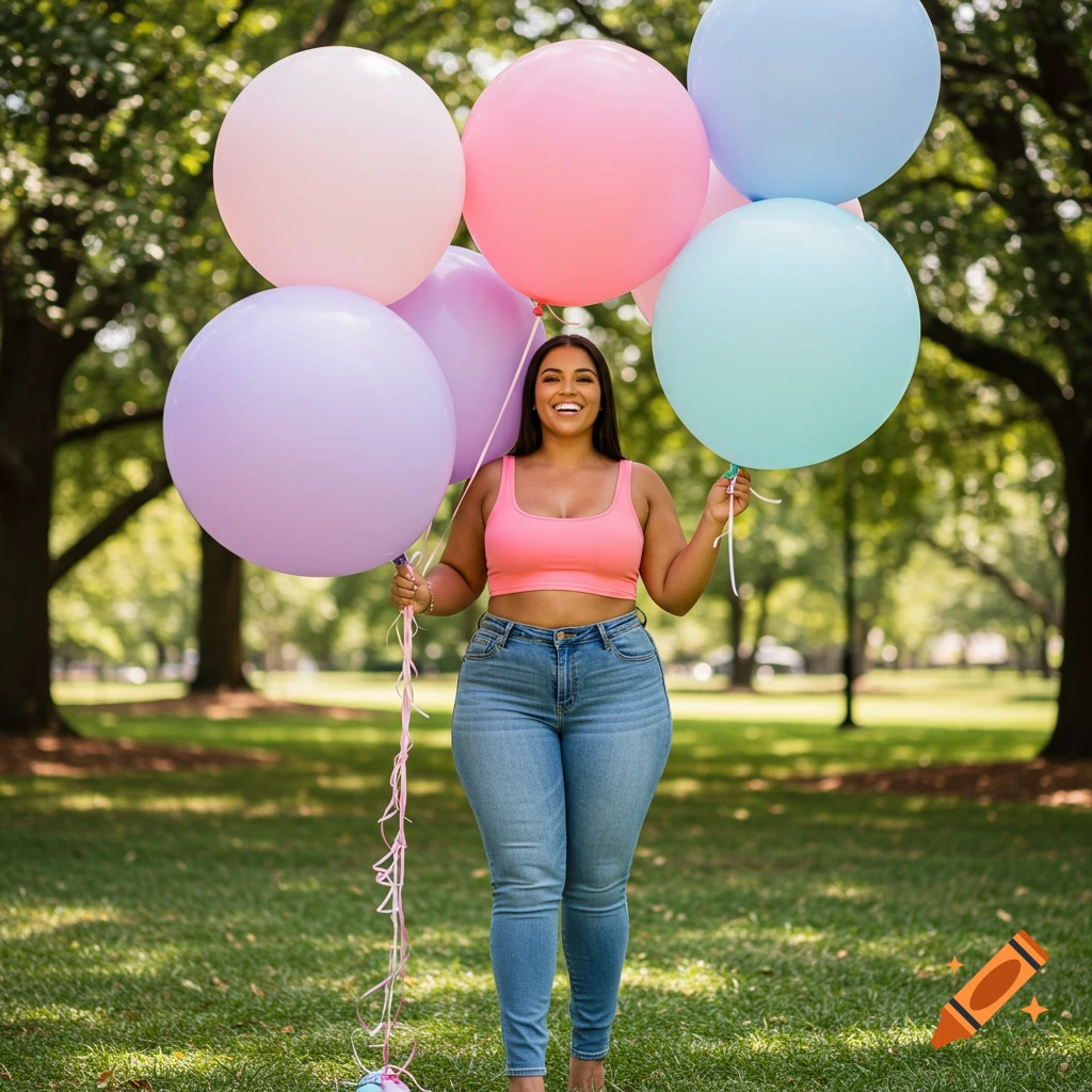 Smiling woman in a park holding colorful balloons