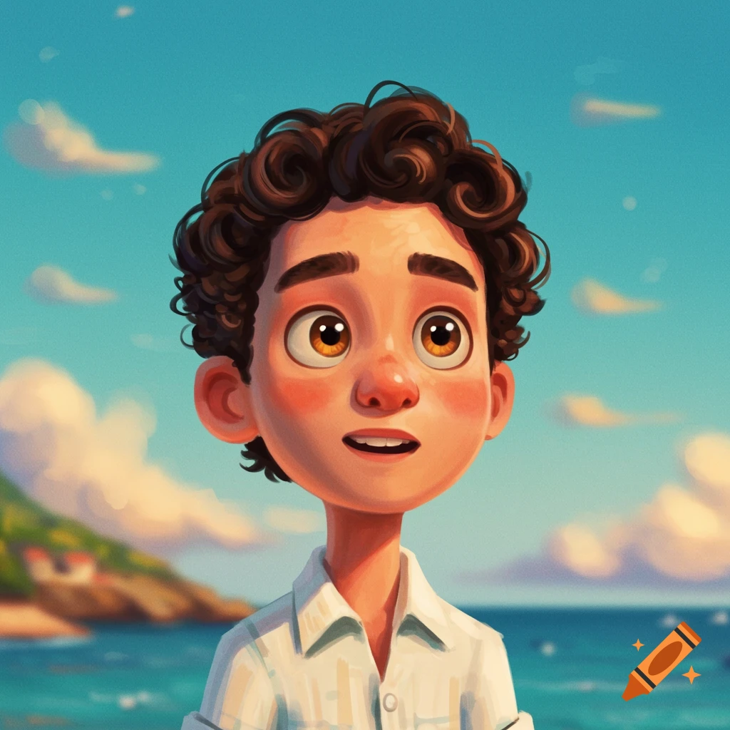 A young man with curly brown hair and big eyes is on a beach, resembling Luca.