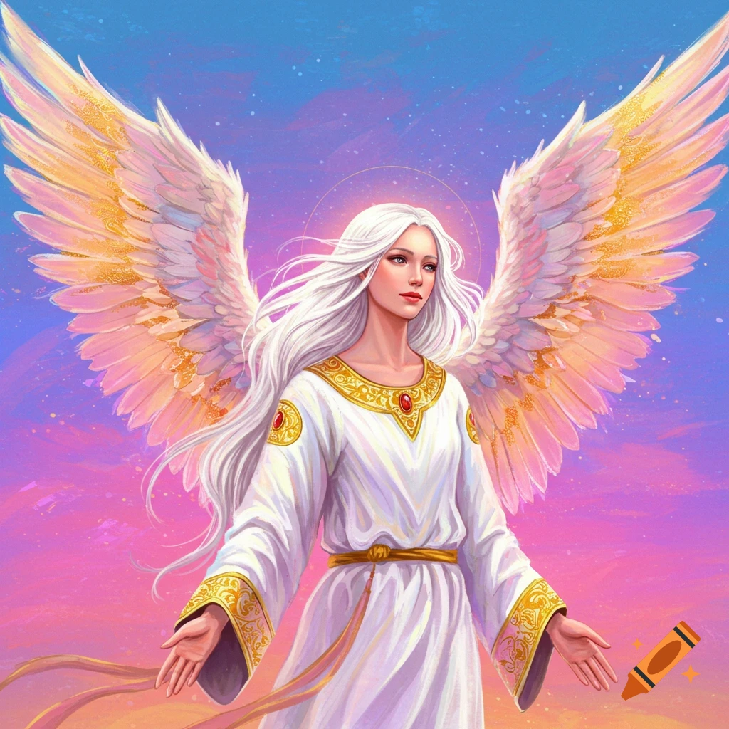 An angel with flowing white hair and large wings against a colorful sky.