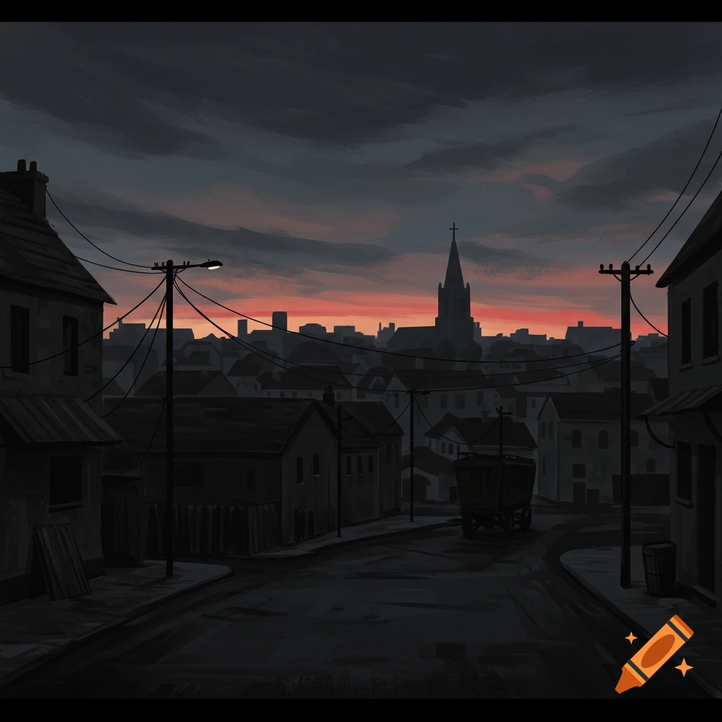 A dark, grey town street at dusk, with a church steeple and a cart.