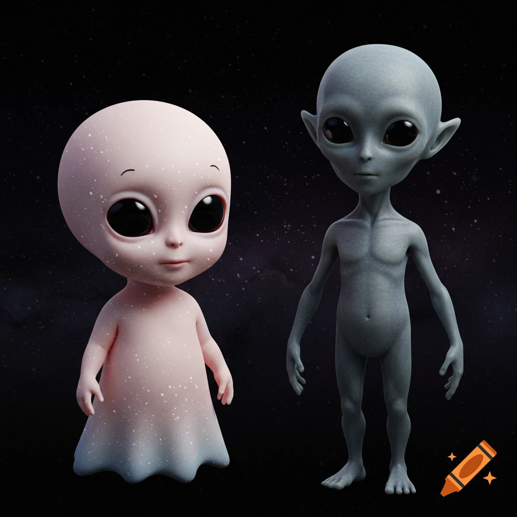 Two aliens, one pink and one grey, stand against a starry background in a realistic 3D render.