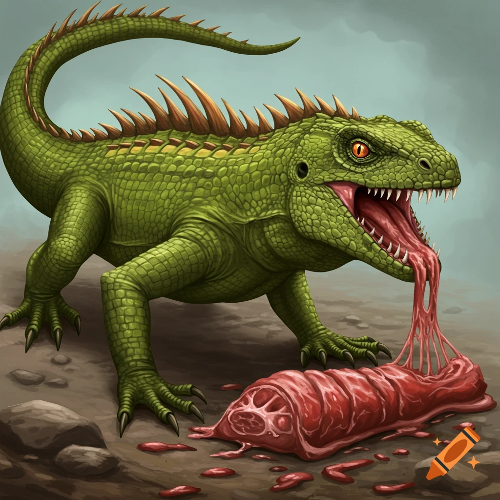 A green spiky lizard with fangs and claws is eating raw meat on the ground.