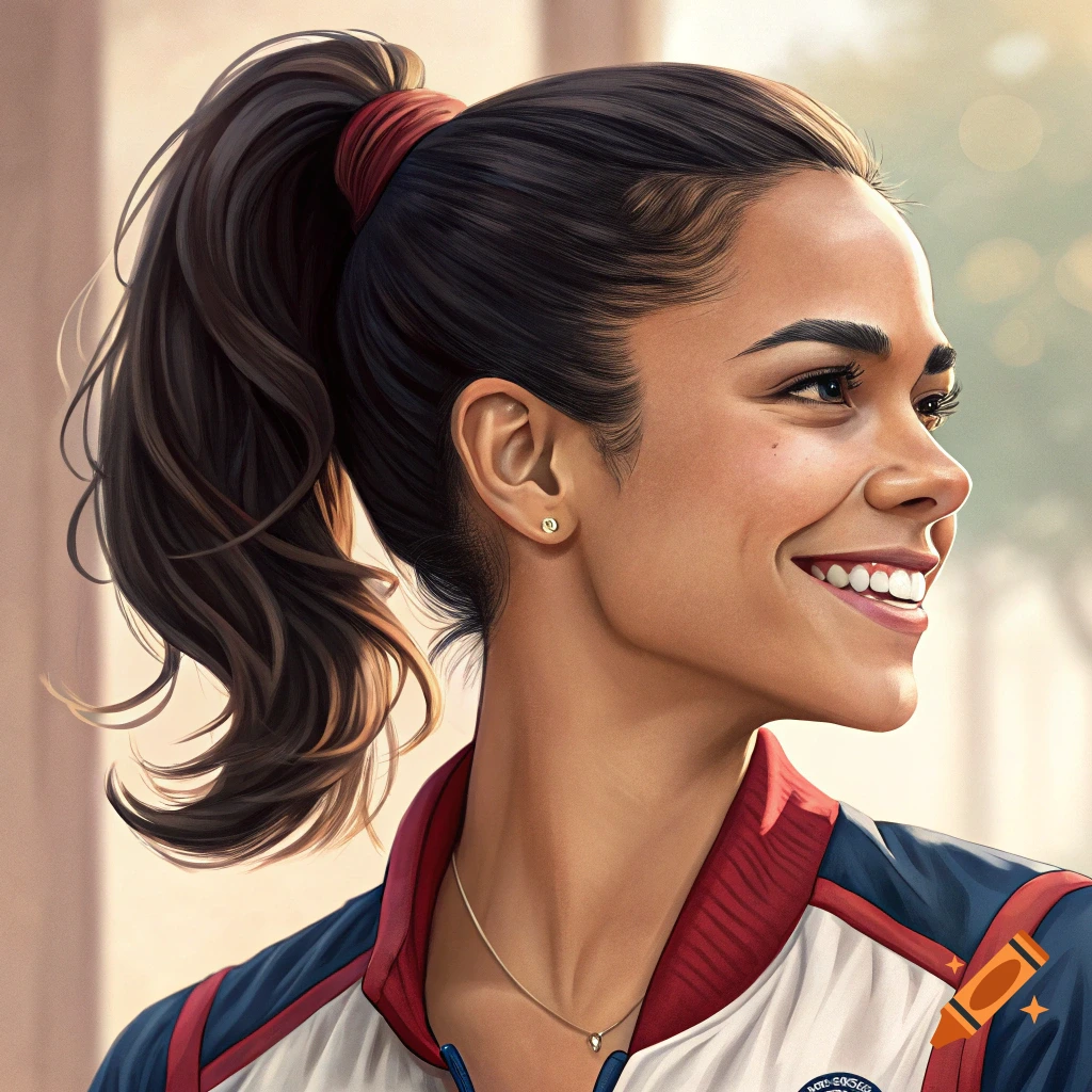 Smiling woman with a ponytail wearing a red, white, and blue jacket in a profile portrait.