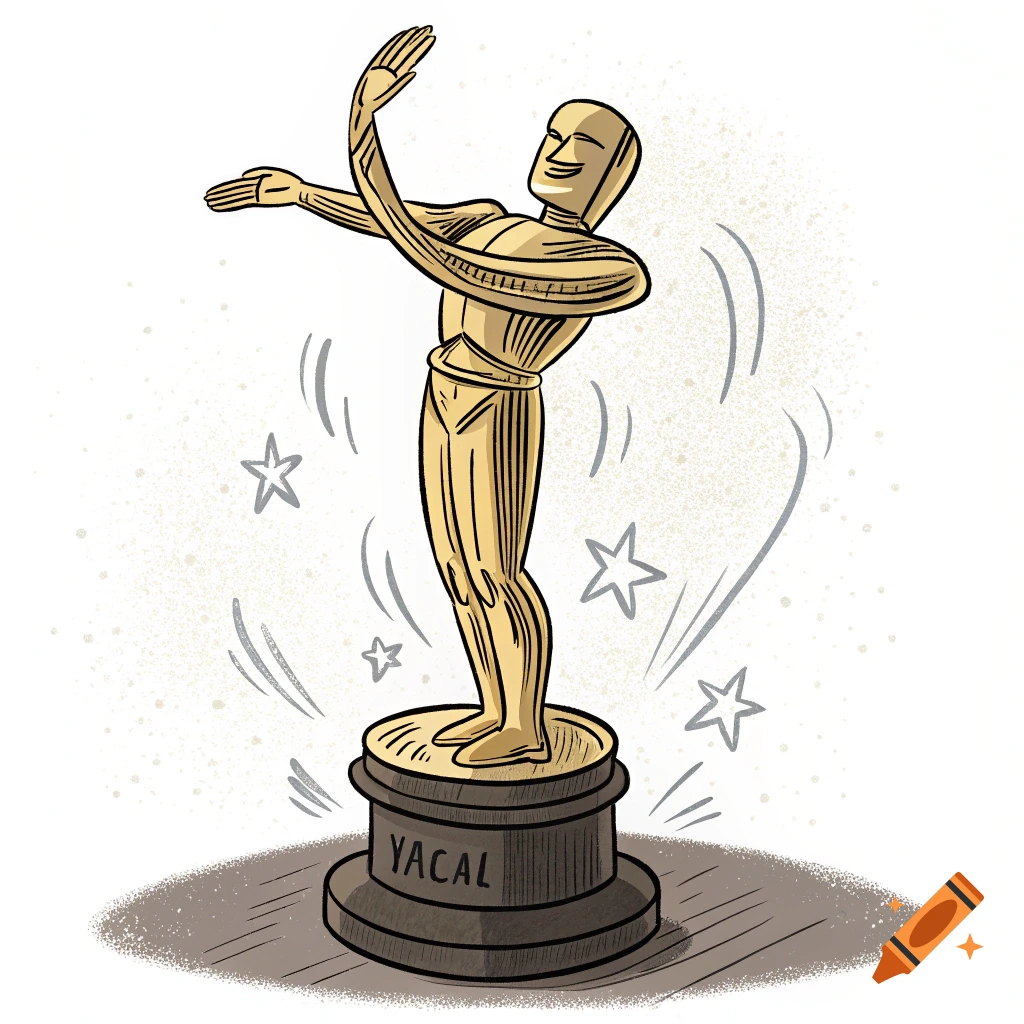 Golden Oscar-like statue with three arms striking a pose, surrounded by stars, cartoon illustration.