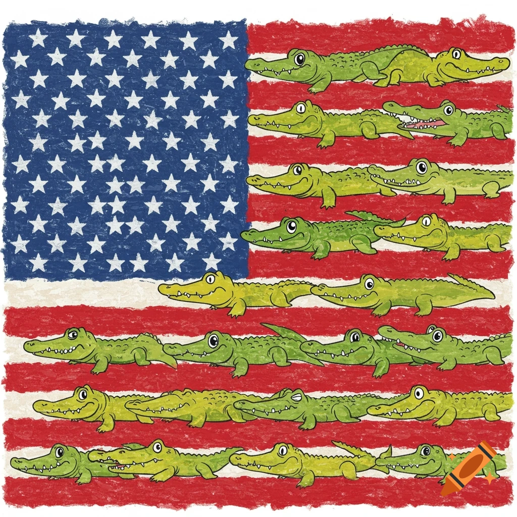 A drawing of a US flag with green and yellow cartoon alligators instead of stars, in a crayon-like texture.