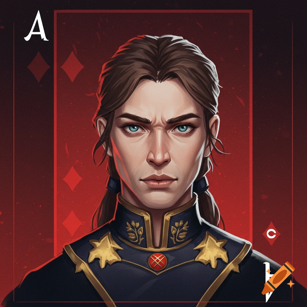 Portrait of a person on an Ace of Diamonds playing card, wearing a dark uniform.