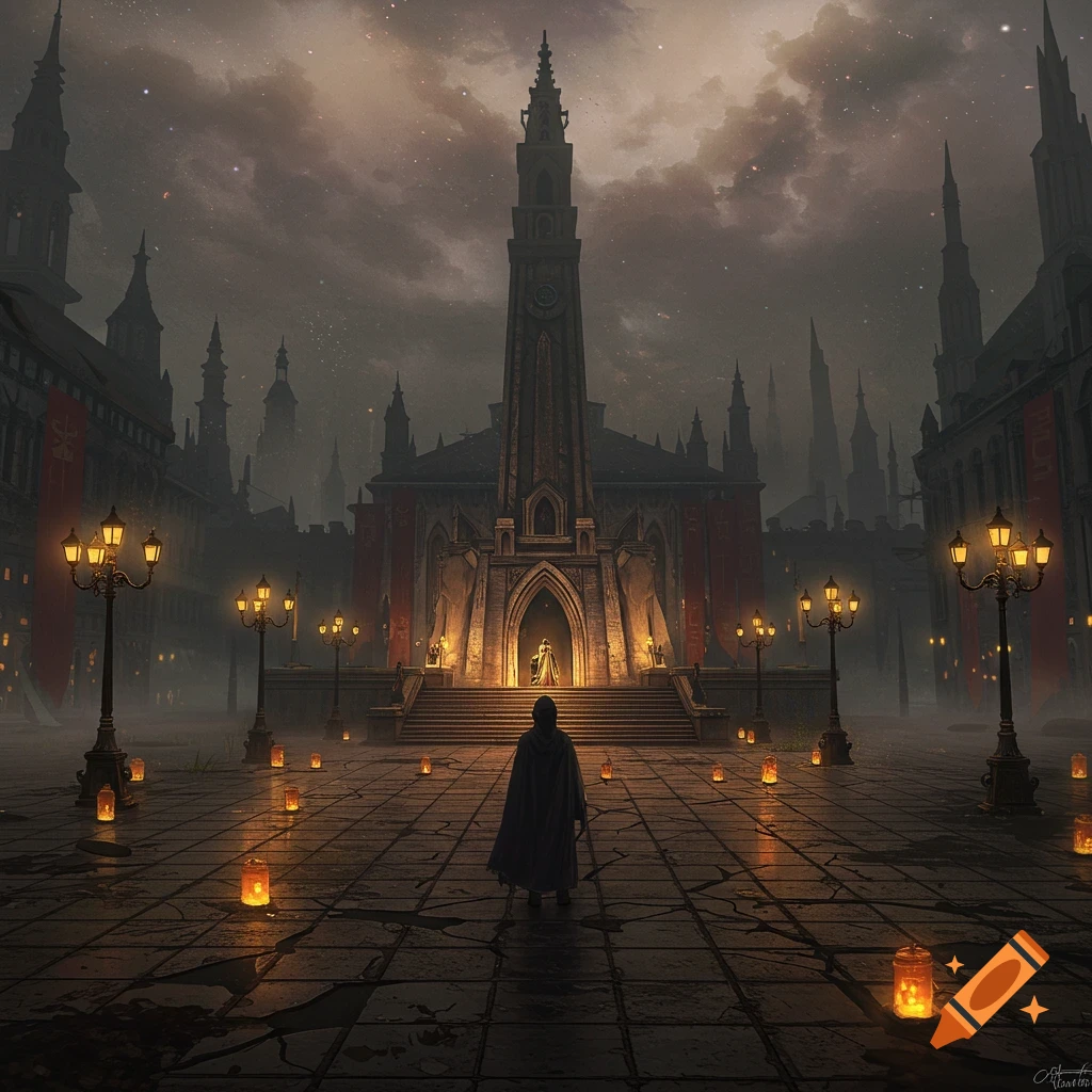 A figure in a cloak stands in a dark, lantern-lit city square facing a grand gothic building under a cloudy sky.