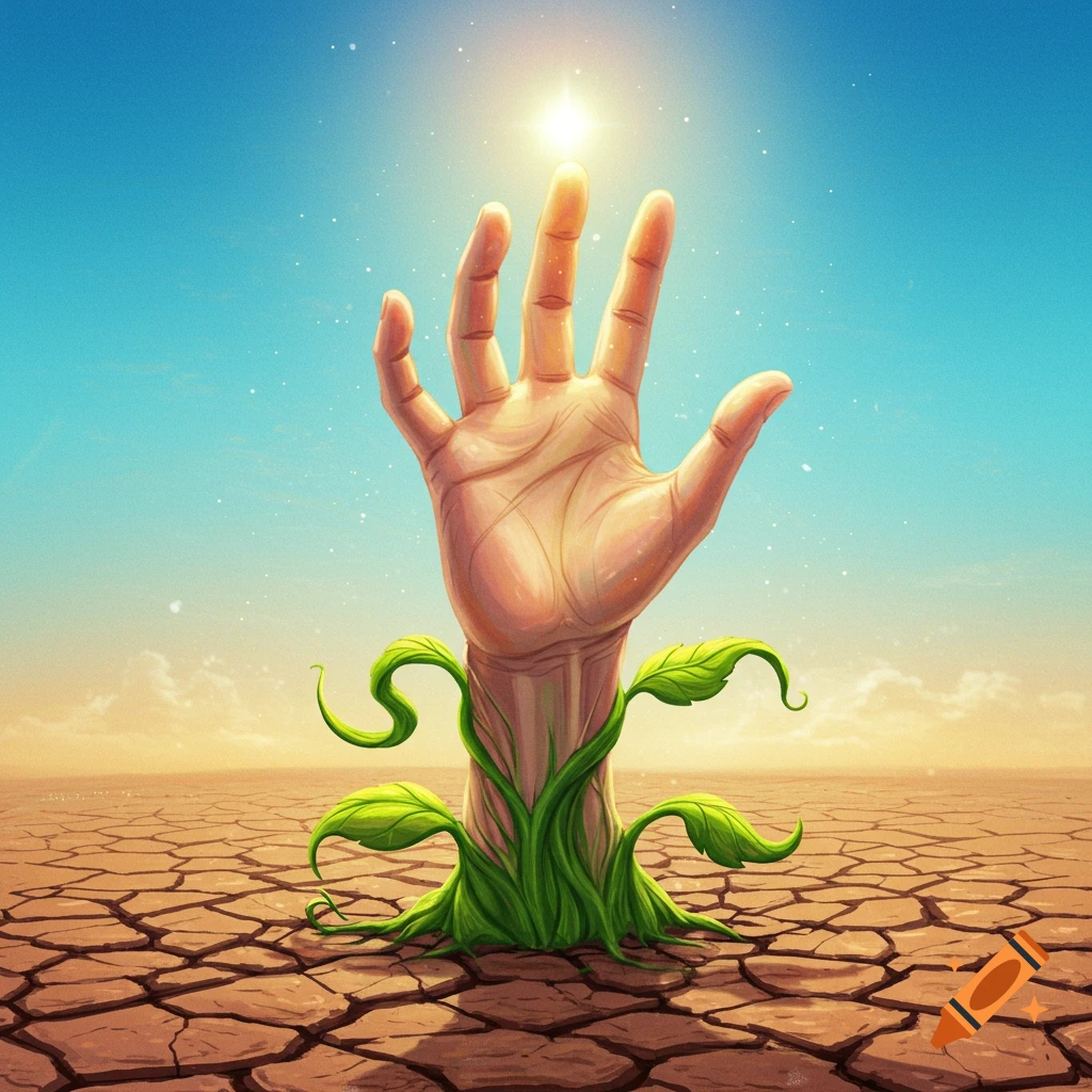 A hand with leaves growing from cracked earth is reaching for the sun.