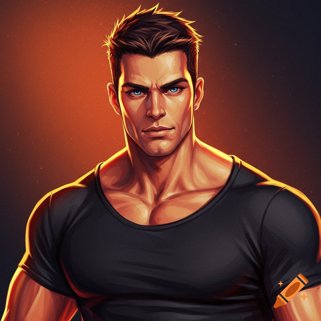 Image of a muscular man with blue eyes in a black t-shirt.