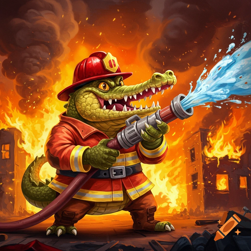 Cartoon alligator firefighter sprays water on a burning building.