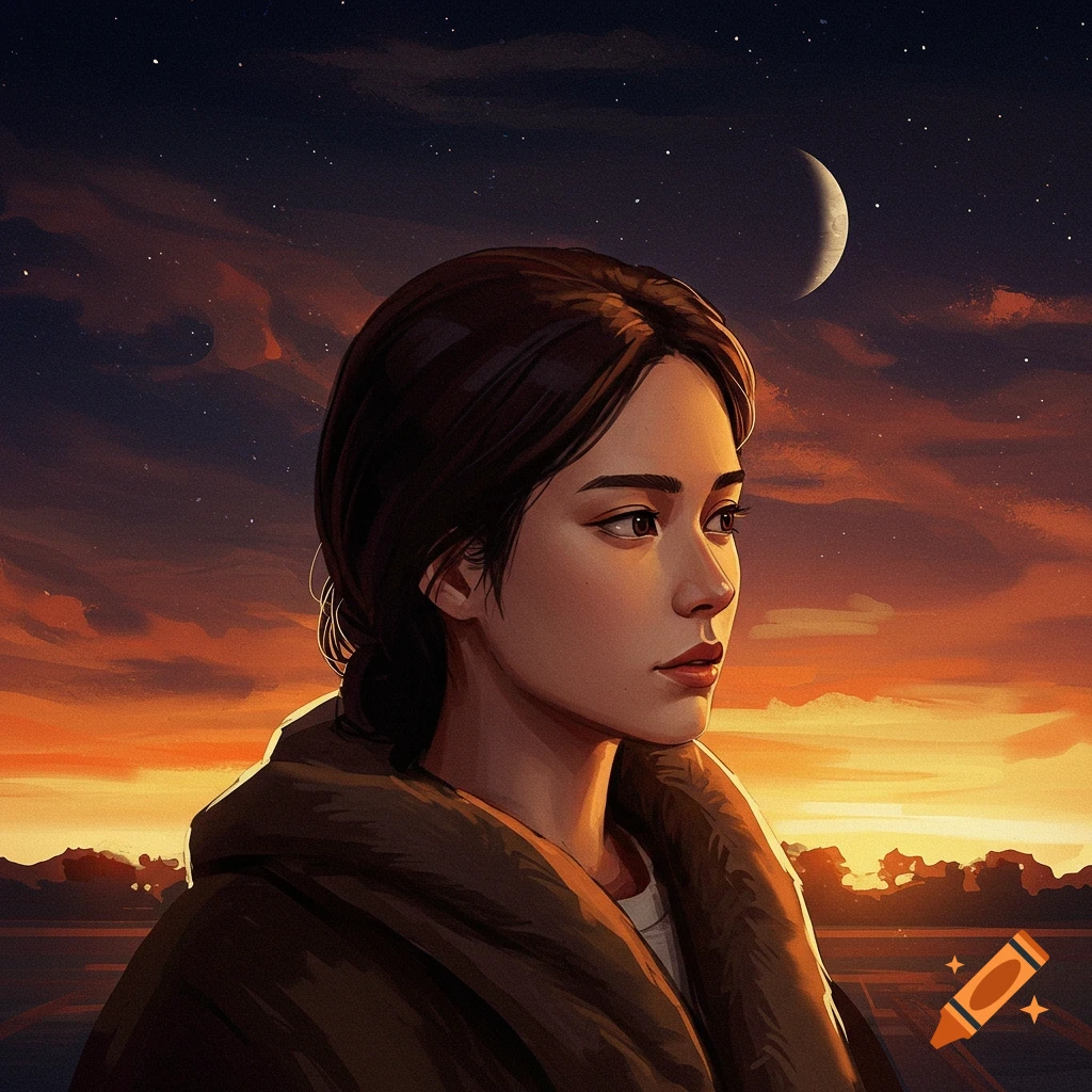 A woman looks at a sunset sky with stars and a crescent moon