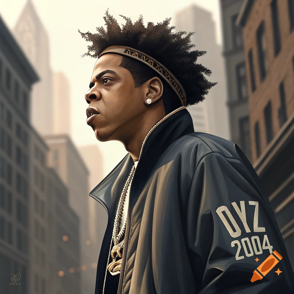 A man resembling Jay Z is in a city street, wearing a headband, large chain, and jacket with text.