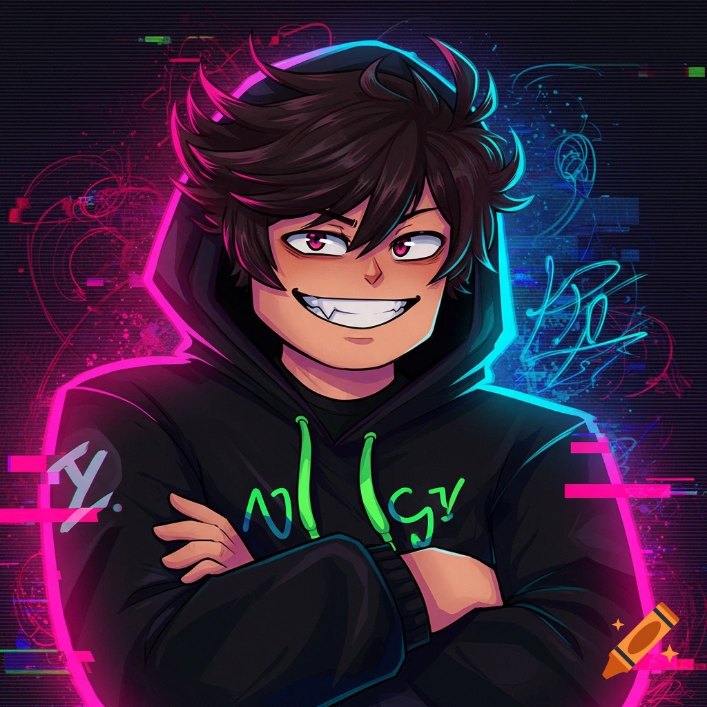 Person in a black hoodie with neon text and arms crossed, with pink and blue glitch background.
