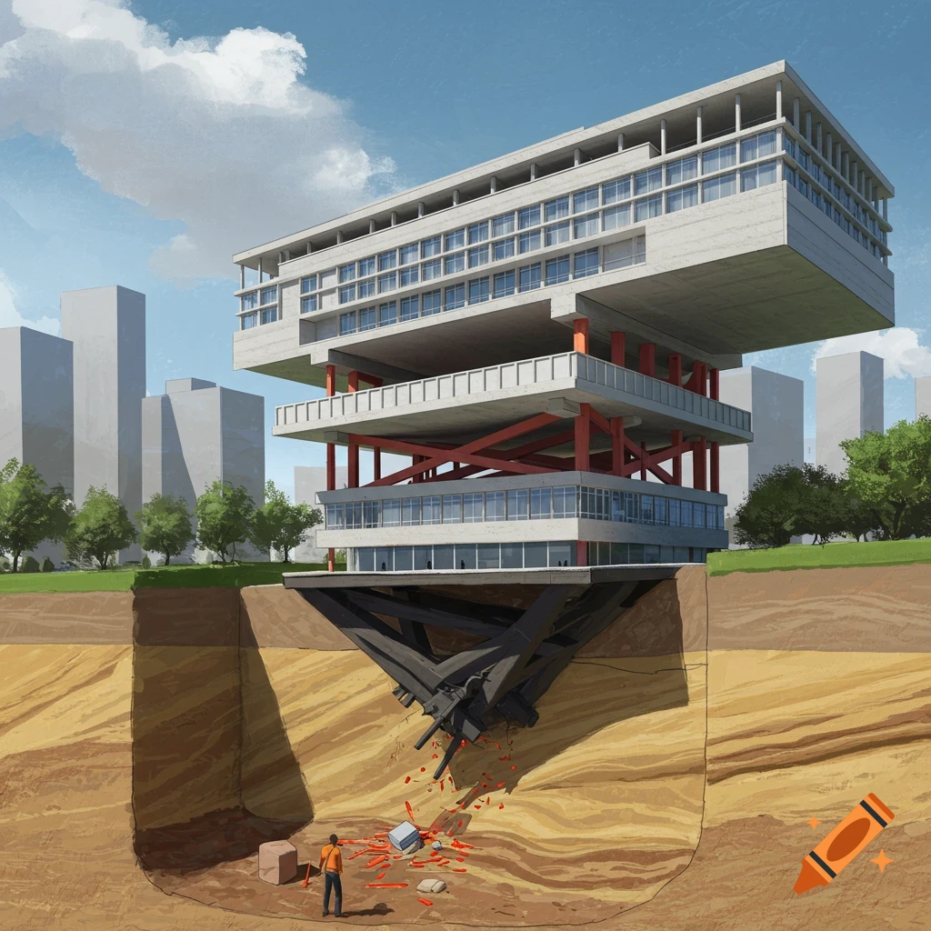 Digital illustration of a large building suspended over a deep hole in the ground, with a person digging below.