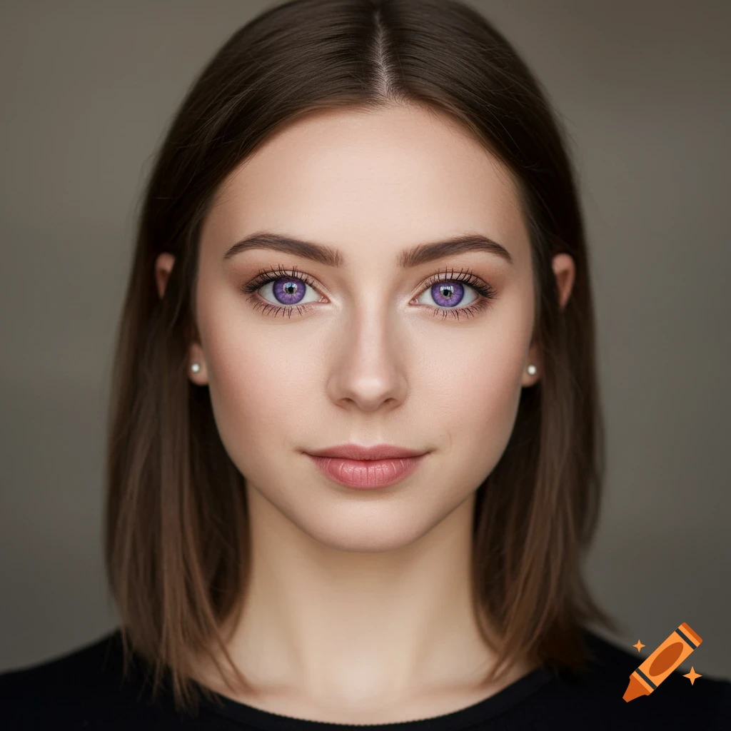 Headshot of a young woman with brown hair and purple eyes.