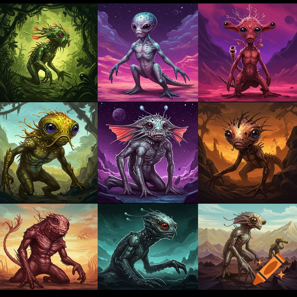 Grid of nine fantasy alien creatures in diverse styles and environments