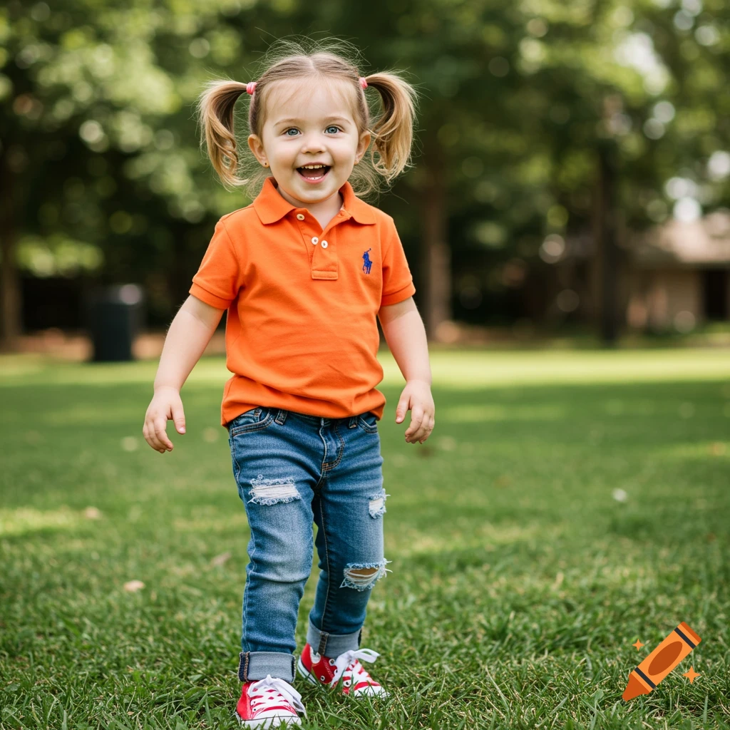 A little girl with pigtails smiles in a park, wearing an orange polo and jeans.