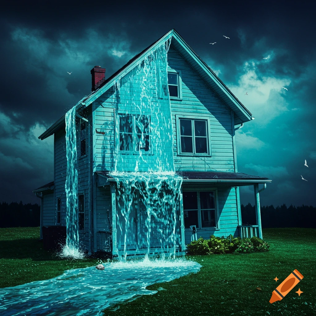 A surreal depiction of water cascading down the front of a house like a waterfall and pooling on the grass under a dark, stormy sky.