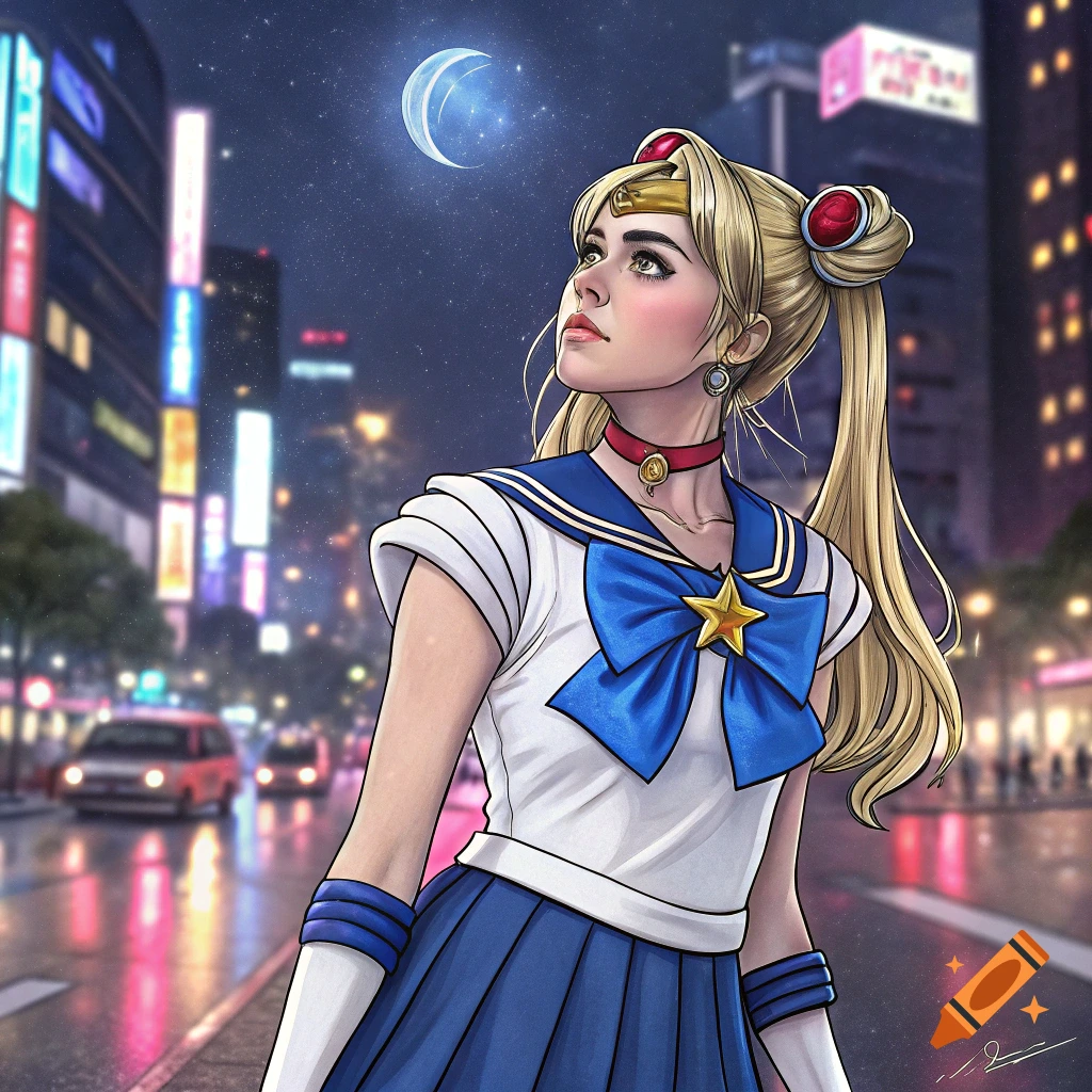 A person dressed as Sailor Moon looks up at the moon in a nighttime city street.