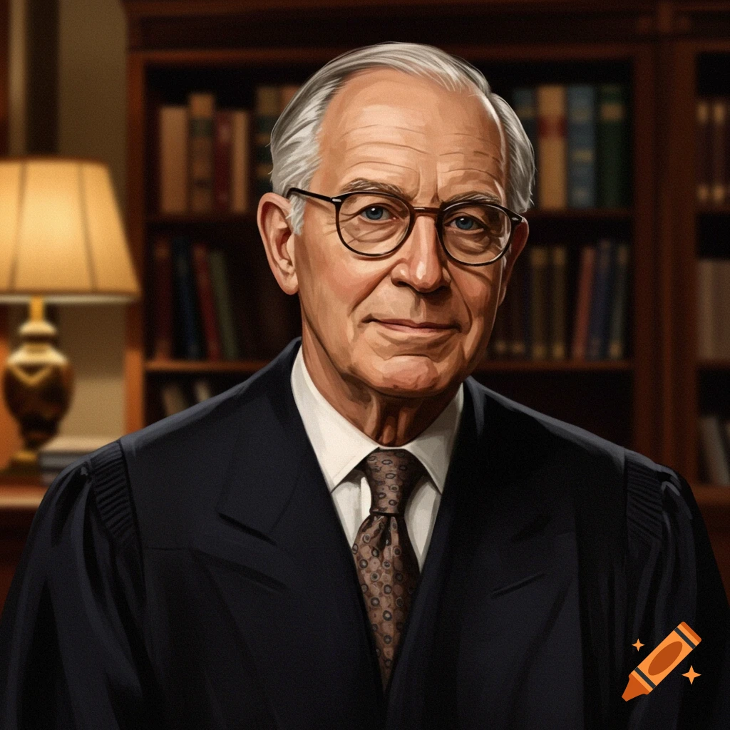 A portrait of an elderly man wearing judge's robes and glasses, standing in front of a bookshelf.