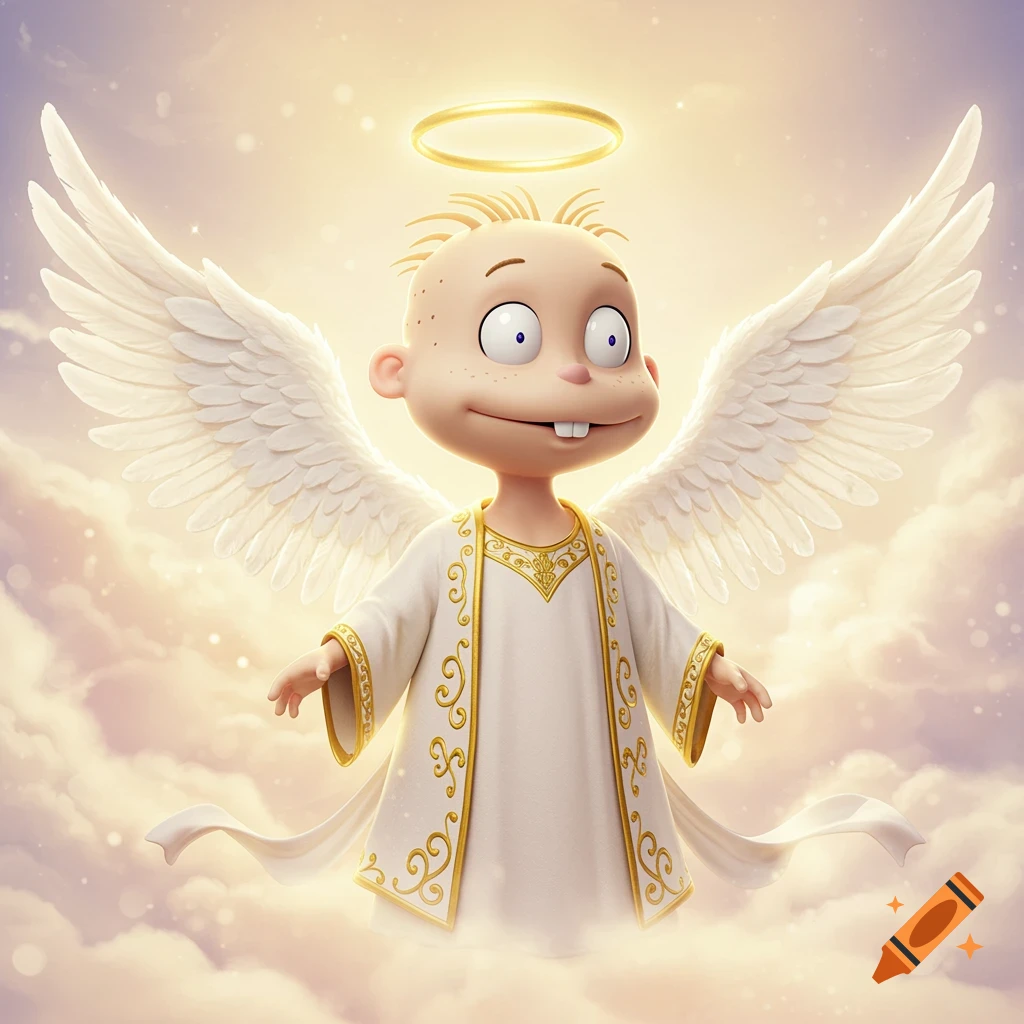 Chuckie Finster from Rugrats depicted as an angel with wings and halo floating in clouds