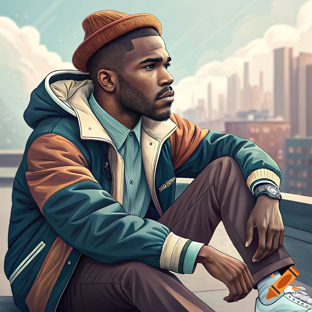 An illustration of a man wearing a beanie and jacket sitting outdoors with a city skyline in the background.
