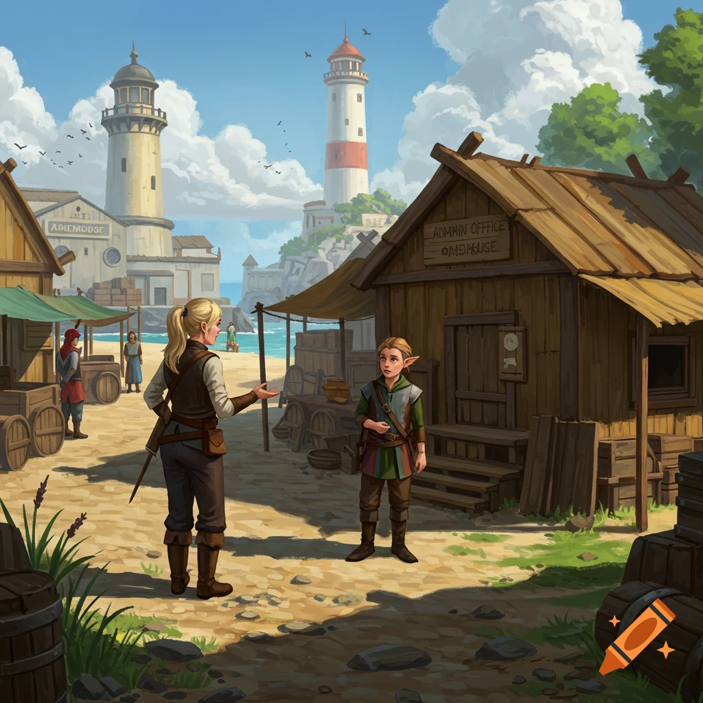 A woman talking to a young elf in a coastal fantasy village. Lighthouses are visible in the background.