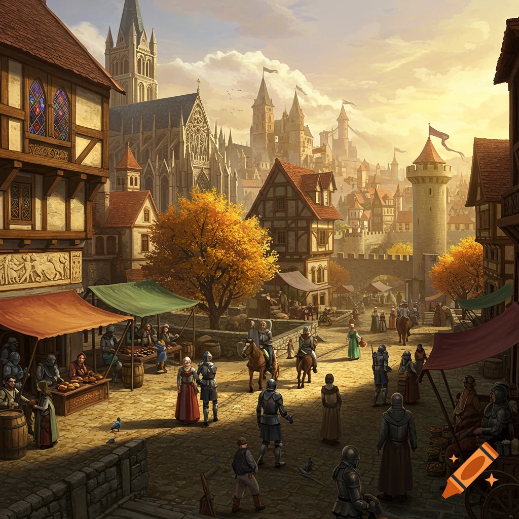 A bustling medieval city market square with people, knights, buildings, and a castle.