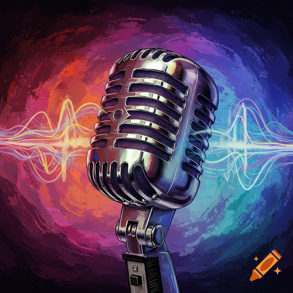 A vintage microphone with colorful sound waves in the background.