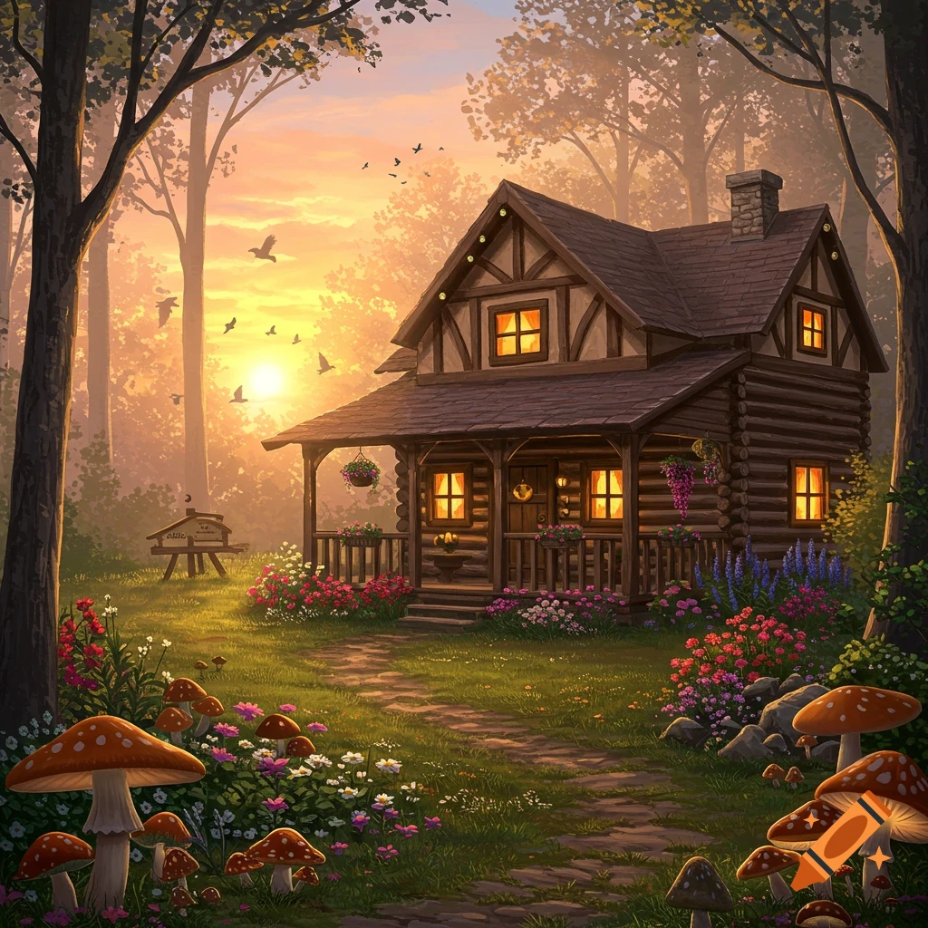 A log cabin in a forest at sunset, surrounded by flowers and large mushrooms.