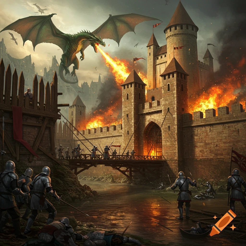 A dragon attacks a medieval castle with fire while soldiers defend it.